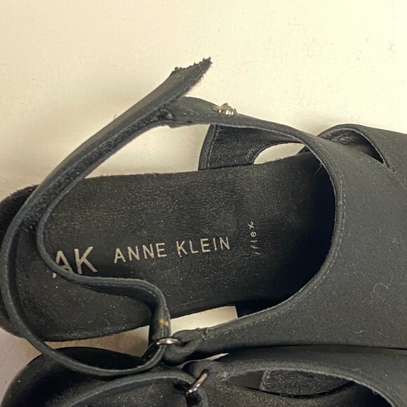 Anne Klein Faux Suede Patent Low Wedge Open Toe Sling Back Romeo Sandals Black - Picture 12 of 13